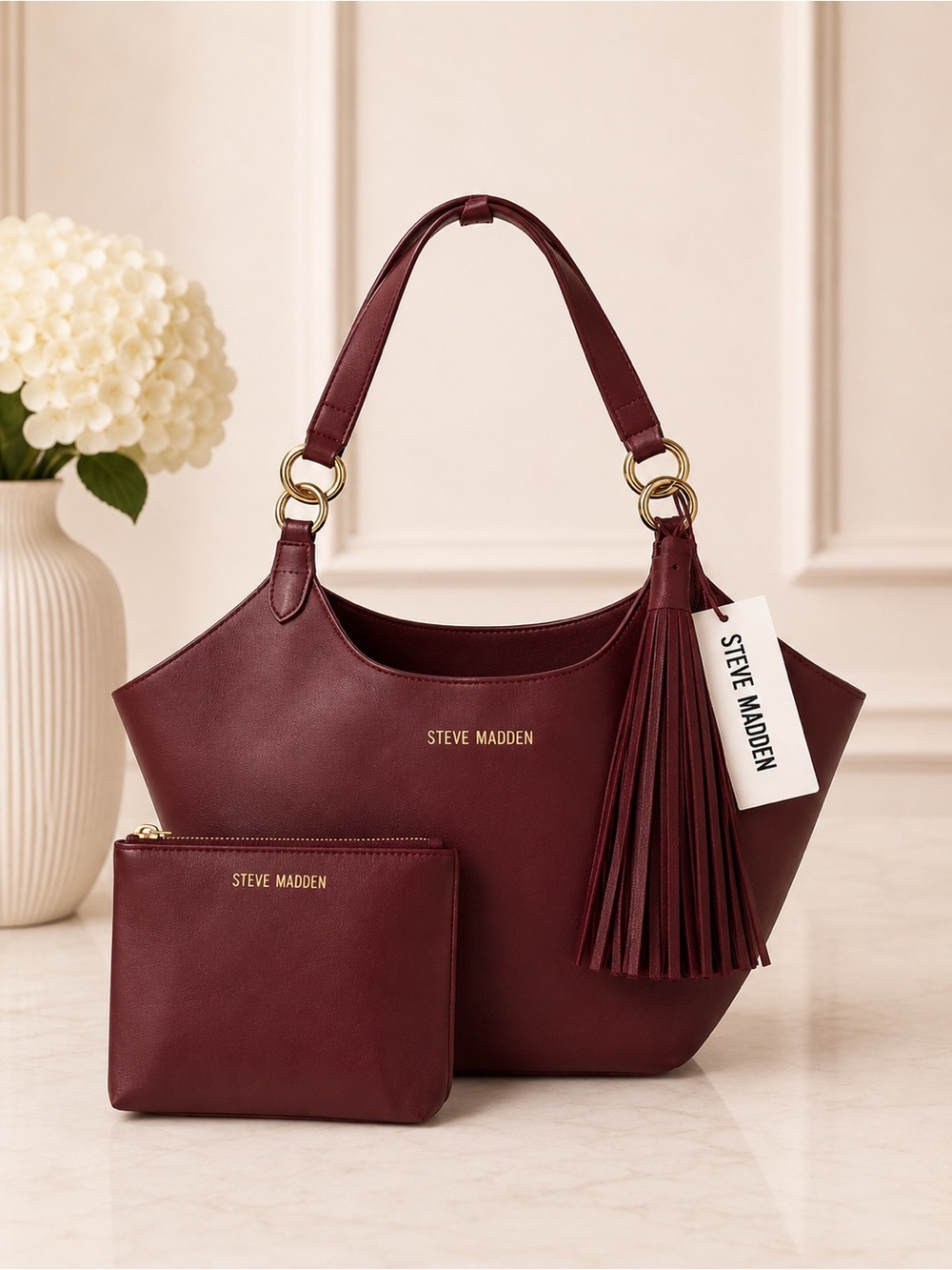 Steve Madden Burgundy Tote Shoulder Bag Tassel Matching Pouch Large Handbag